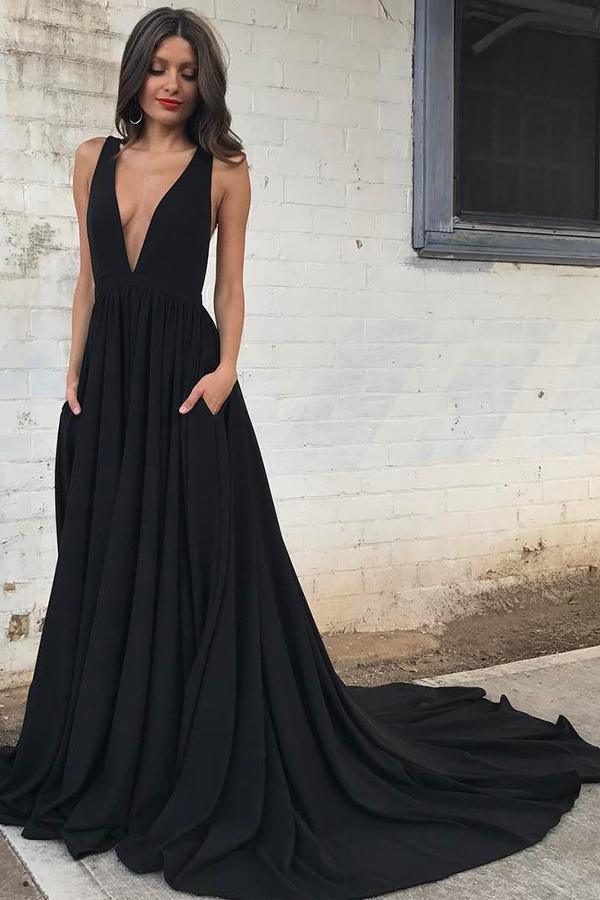 Simple Black Chiffon Backless Deep V ...